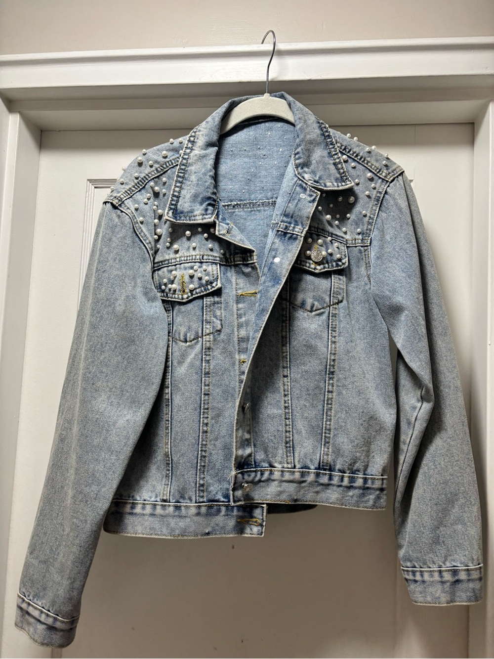 Pearl-Embellished Light Blue Denim Jacket - Women's Light Blue